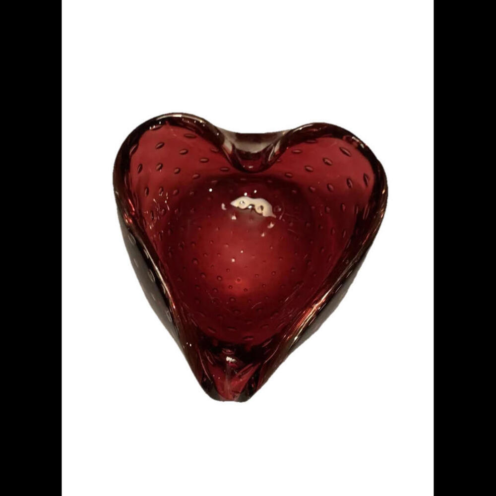 🌼Murano Beautiful Red Heart Shaped Art Glass Bowl Strawberry Like Design